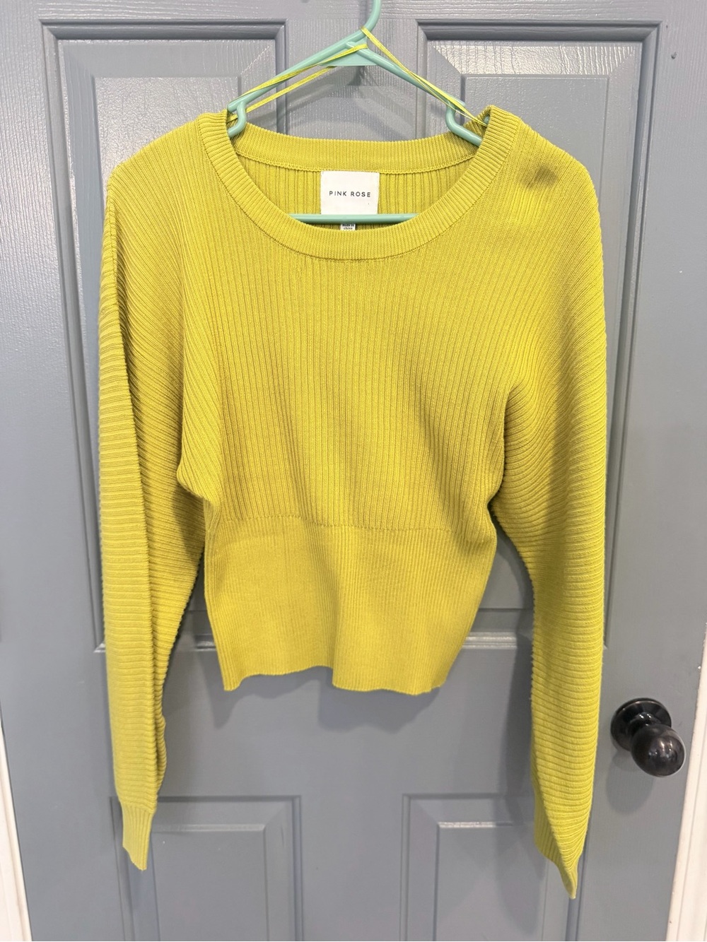 Pink Rose Ribbed Crop Sweater in Chartreuse Yellow